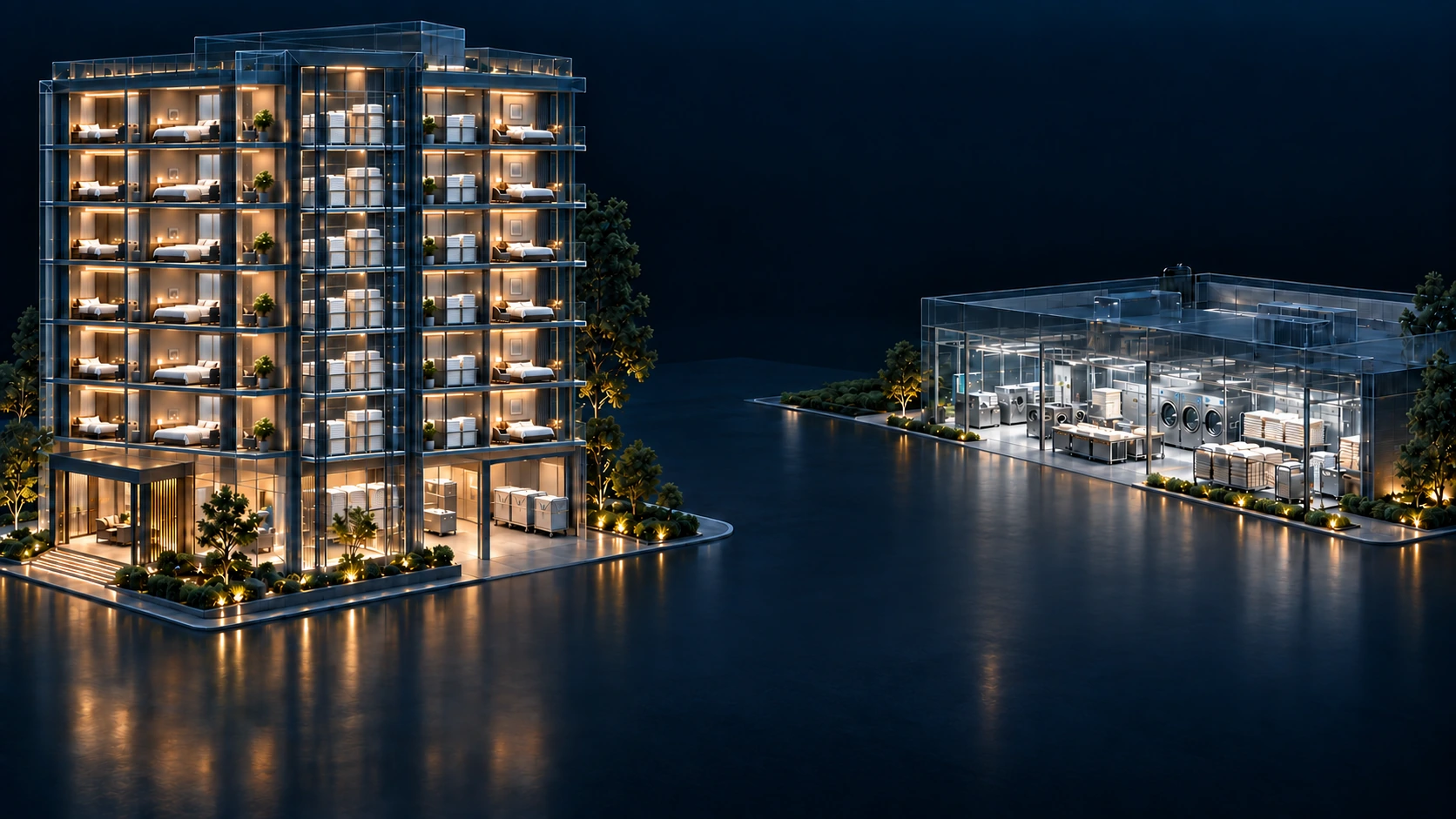 Un hotel de cristal detallado con seis plantas de habitaciones, almacenes de lencería en cada planta y una zona de servicio en la planta baja, conectado a una lavandería transparente.