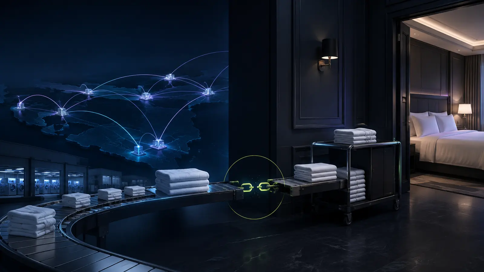 Vernetzte Hoteltextilien, die zwischen Hotel und Wäscherei transportiert werden.