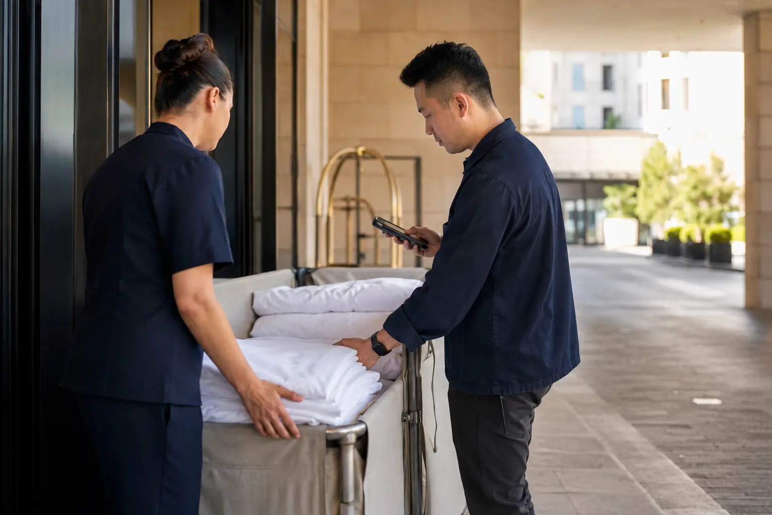 El equipo de operaciones del hotel verifica la entrega de textiles con un lector portátil.